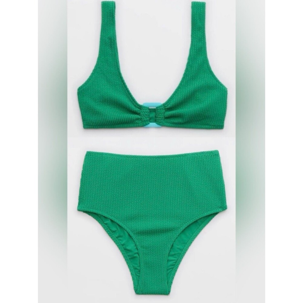 NWT Aerie FULL SET Crinkle Ring Wide Strap Scoop Top + High Waist Bottom Green